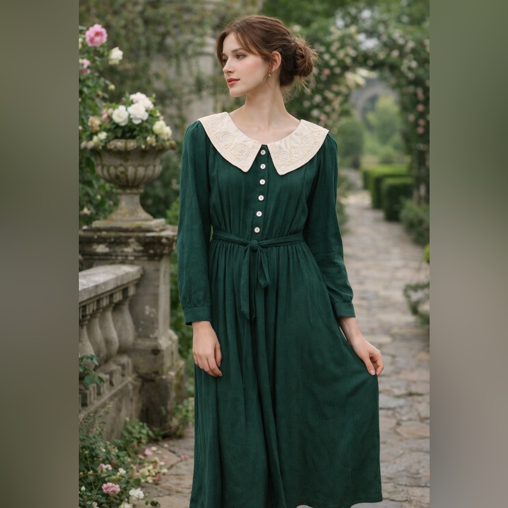 Vintage Sarah Elizabeth Prairie Dress Green Embroidered Collar Size 8